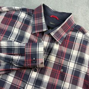 Victorinox Tailored Fit  Men's Large Plaid Long Sleeve‎ Button Up Shirt Navy Red